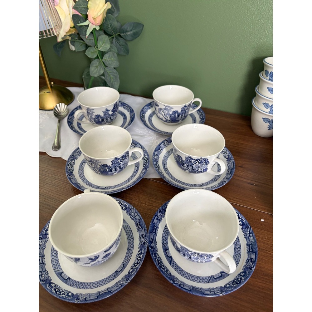 Royal Cuthbertson Blue Willow Cups & Saucers Set of 6 Blue White